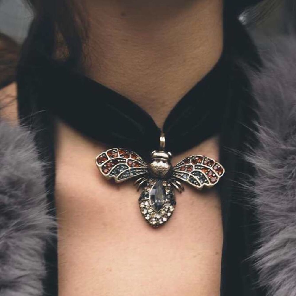 Gothic Black Velvet Bow Necklace with Bee Pendant, Jewel Accent adjustable